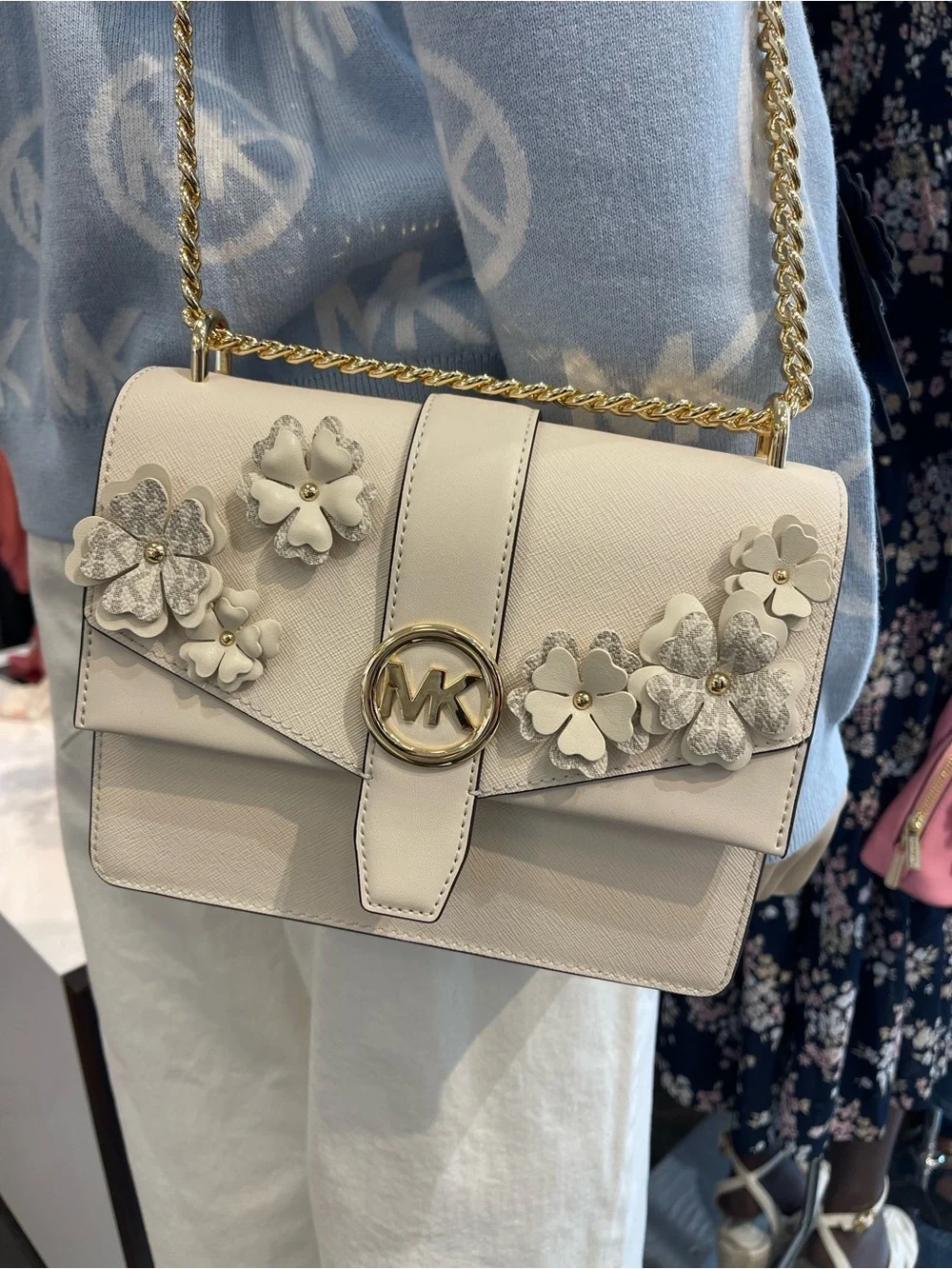 MICHAEL KORS Greenwich Sm Embellished Signature Logo Trim Crossbody Lt Cream NWT